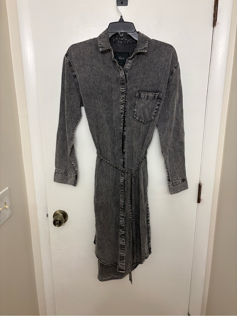 Rails Ames Black Acid Wash Tencel Linen Shirt Dress Midi Long Sleeve Belted XS
